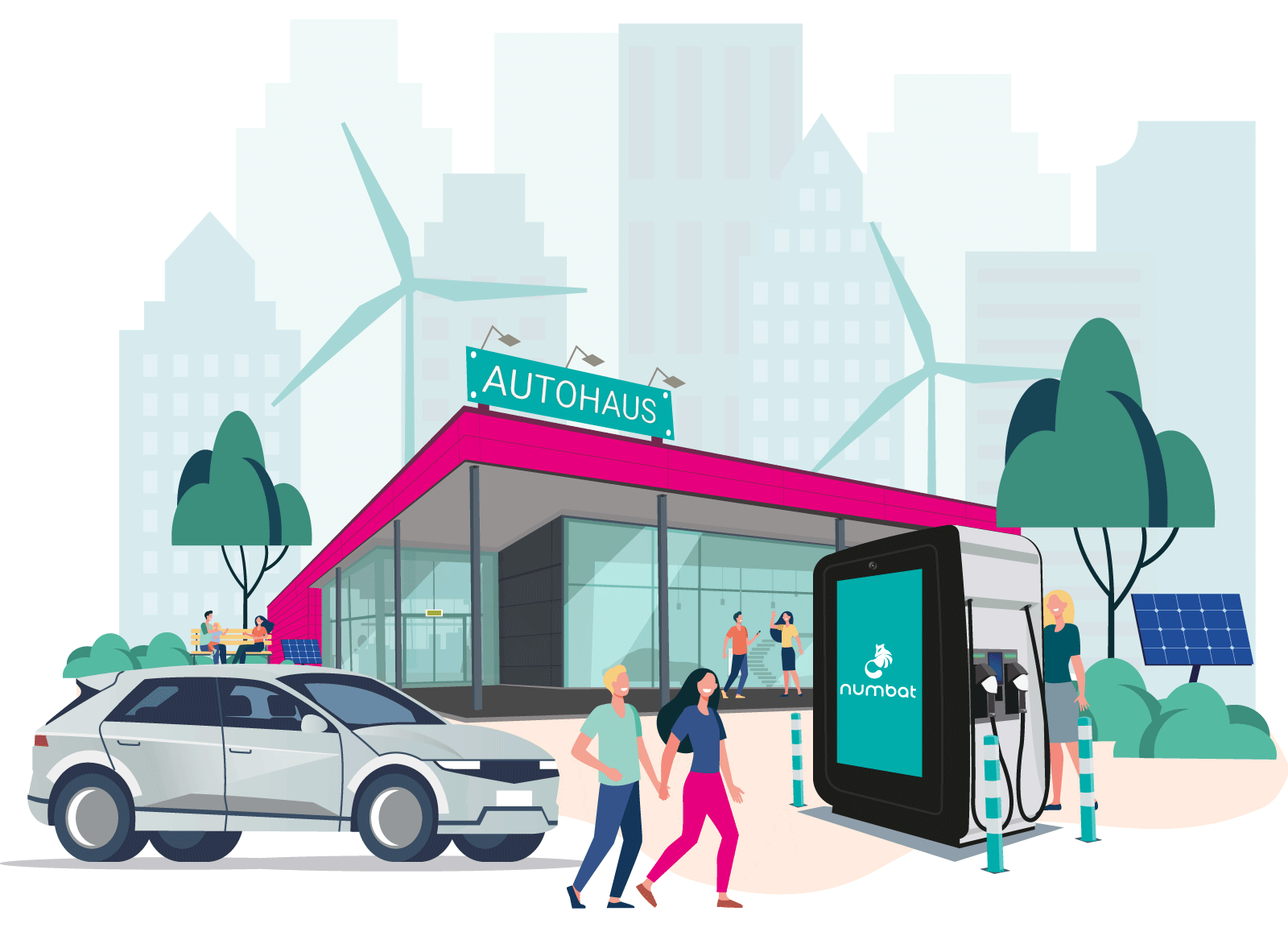 Illustration von einem Numbat vor einem Autohaus