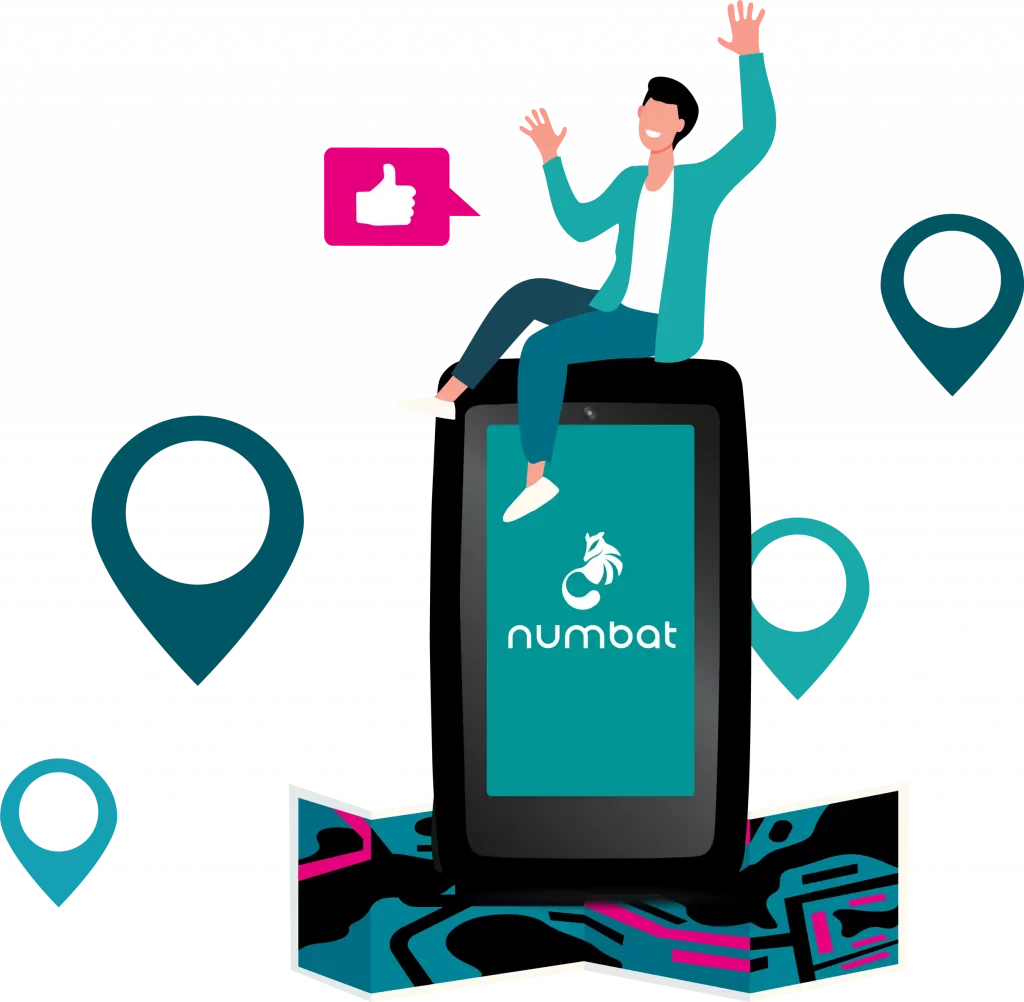 Illustration Mensch auf Numbat mit Standorten