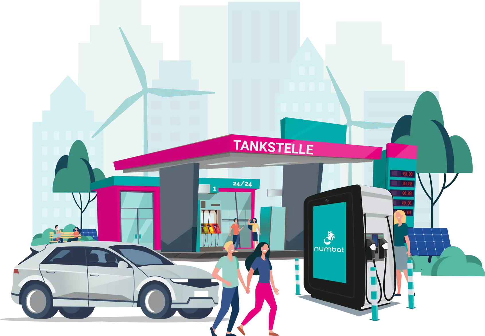 Illustration einer Tankstelle. Davor steht ein Numbat mit einem E-Auto und Menschen laufen glücklich umher.